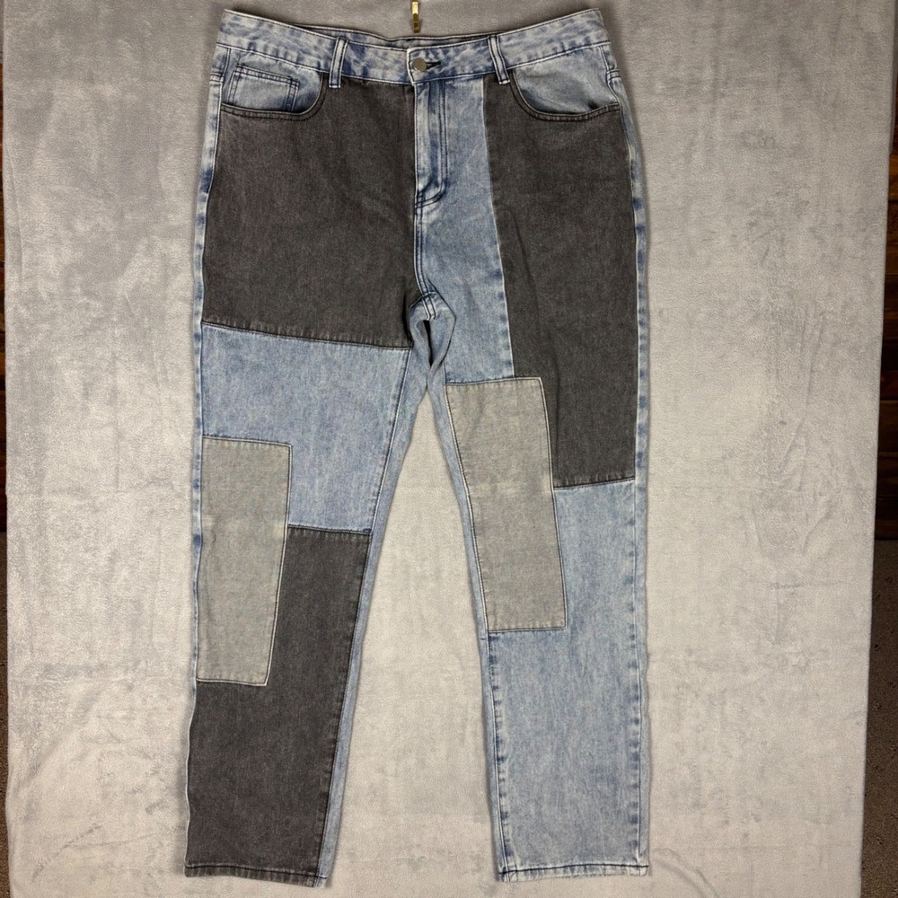 Shein Mens Patchwork Denim Jeans XL Blue Grey Multi Tone Straight Leg Streetwear
